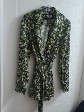 Scotch & Soda Black Floral Tie-Waist Blazer with Green Accents